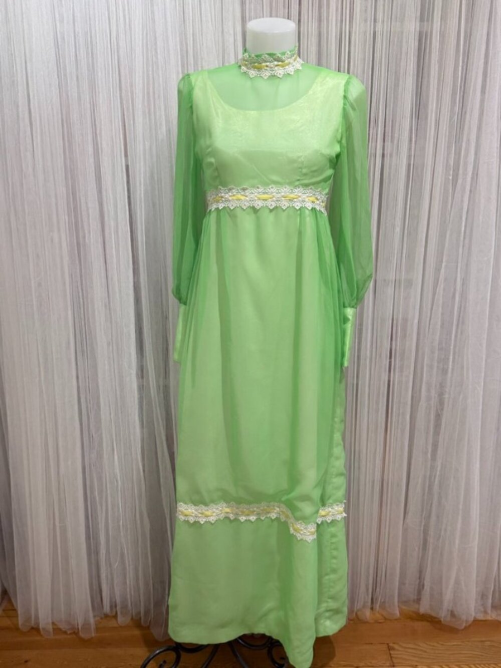 VTG 70's XS Handmade Green Sheer Maxi Dress Lace Ribbon Prairie Cottagecore Gown